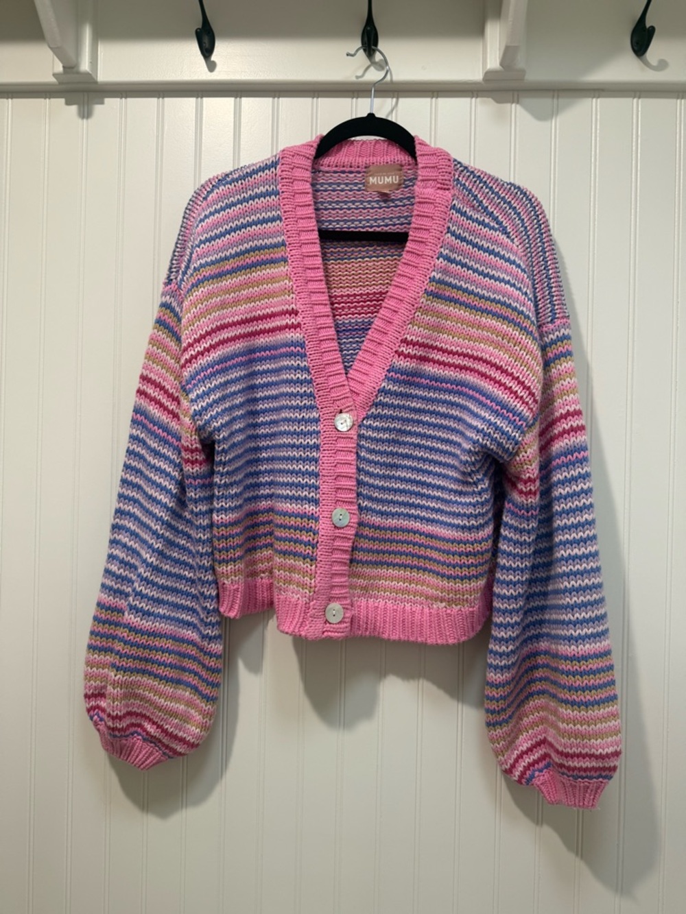 Show Me Your MuMu Pink Multi-Color Striped V‑Neck Button Cardigan